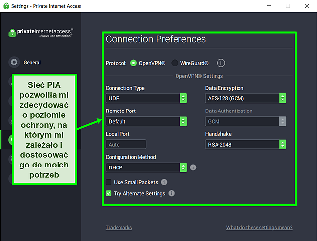 Zrzut ekranu z dostępnymi ustawieniami zabezpieczeń PIA
