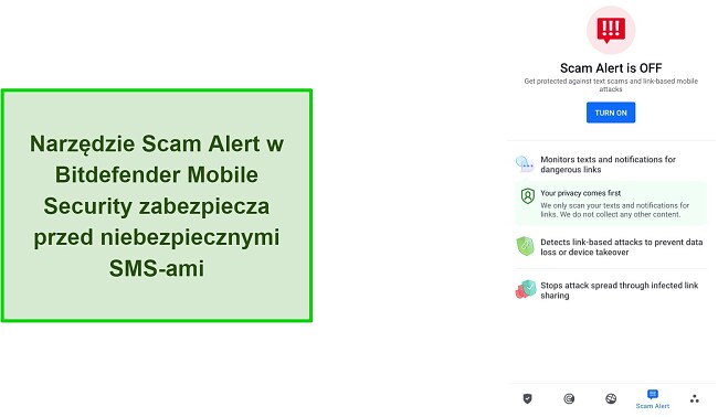 Zrzut ekranu z funkcją ostrzegania przed oszustwami w Bitdefender Mobile Security
