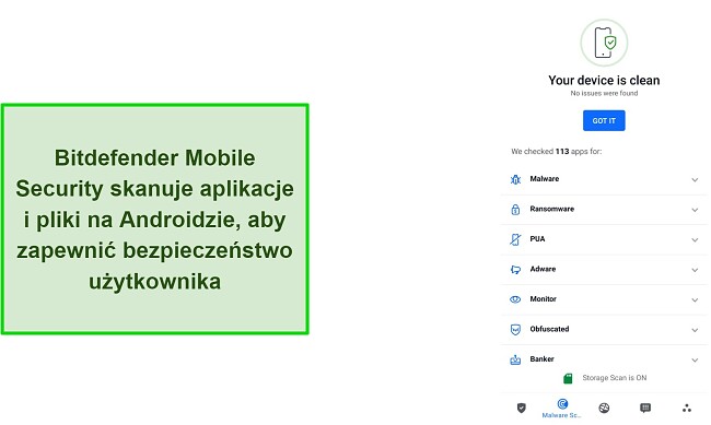 Zrzut ekranu z wynikami skanowania w Bitdefender Mobile Security
