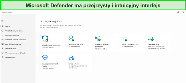 Zrzut ekranu głównego menu Microsoft Defender