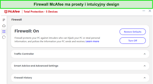 Zrzut ekranu przedstawiający interfejs zapory firmy McAfee