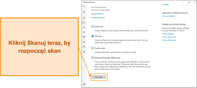 Zrzut ekranu pokazujący, jak rozpocząć skanowanie za pomocą usługi Microsoft Defender