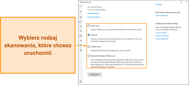 Zrzut ekranu przedstawiający różne dostępne typy skanowania programu Microsoft Defender
