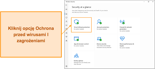 Zrzut ekranu pokazujący, jak otworzyć menu Ochrona przed wirusami i zagrożeniami w usłudze Microsoft Defender