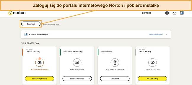 Zrzut ekranu pokazujący, jak pobrać konfigurację programu Norton z portalu internetowego