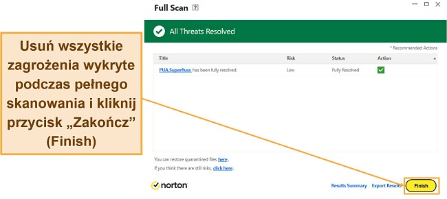 Zrzut ekranu pokazujący, jak zakończyć pełne skanowanie programu Norton