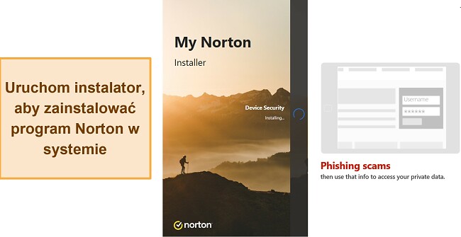 Zrzut ekranu przedstawiający trwającą instalację programu Norton w systemie Windows