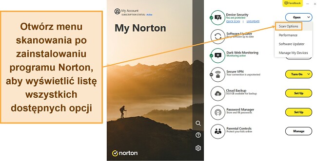 Zrzut ekranu pokazujący, jak uzyskać dostęp do menu Opcje skanowania programu Norton