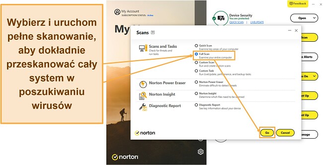 Zrzut ekranu pokazujący, jak rozpocząć pełne skanowanie programu Norton