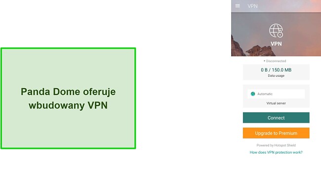 Zrzut ekranu z wbudowanym VPN w Panda Dome