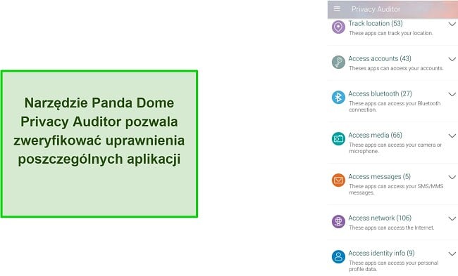 Zrzut ekranu z audytorem prywatności w Panda Dome