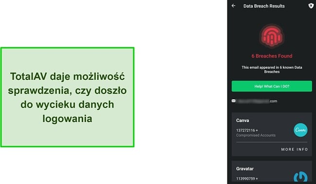 Zrzut ekranu z kontrolą naruszenia danych w TotalAV