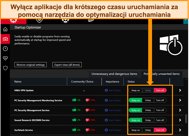 Zrzut ekranu zarządzania aplikacjami za pomocą optymalizatora uruchamiania iolo