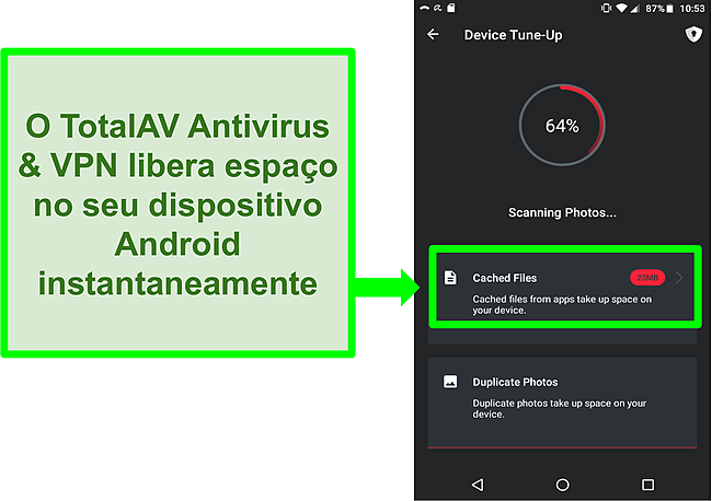Captura de tela da função de limpeza do dispositivo no TotalAV Antivirus e VPN para Android