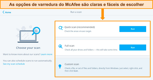 Captura de tela das opções de verificação da McAfee em seu aplicativo para Windows.