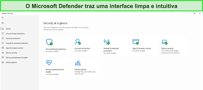 Captura de tela do menu principal do Microsoft Defender