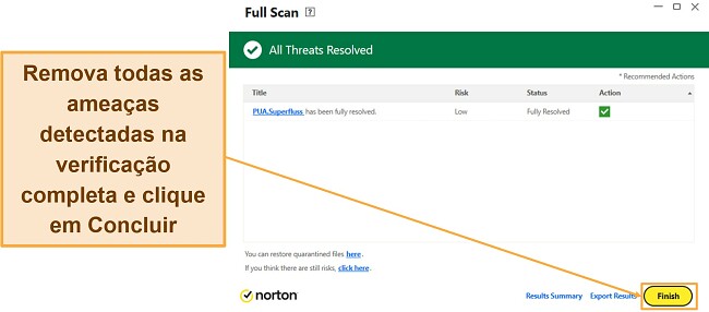 Captura de tela mostrando como concluir a verificação completa do Norton