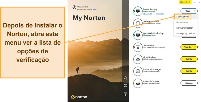 Captura de tela mostrando como acessar o menu Opções de verificação do Norton