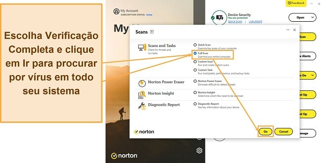 Captura de tela mostrando como iniciar a verificação completa do Norton