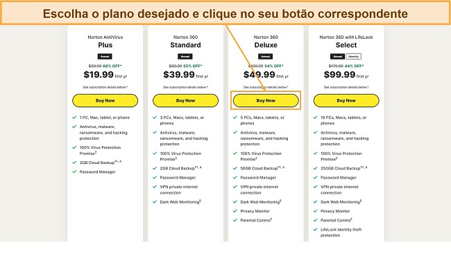 Captura de tela mostrando como escolher um dos planos do Norton