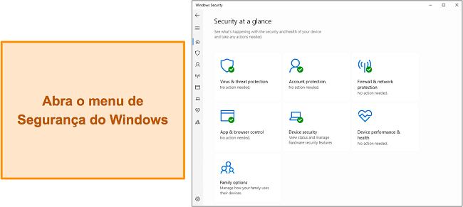 Captura de tela do menu principal do Windows Security
