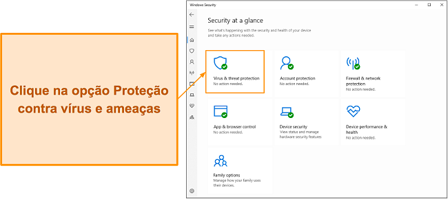 Captura de tela mostrando como abrir o menu de proteção contra vírus e ameaças do Microsoft Defender