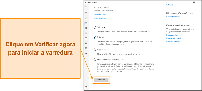 Captura de tela mostrando como iniciar uma verificação com o Microsoft Defender