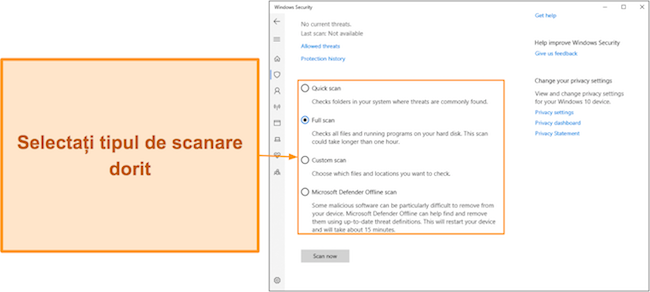 Captură de ecran a diferitelor tipuri de scanare disponibile ale Microsoft Defender