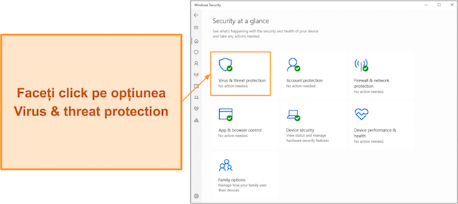Captură de ecran care arată cum să deschideți meniul de protecție împotriva virușilor și amenințărilor din Microsoft Defender