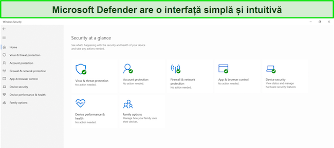 Captură de ecran a meniului principal al Microsoft Defender