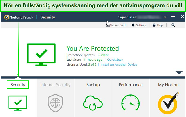 Skärmdump av Nortons huvudinstrumentpanel