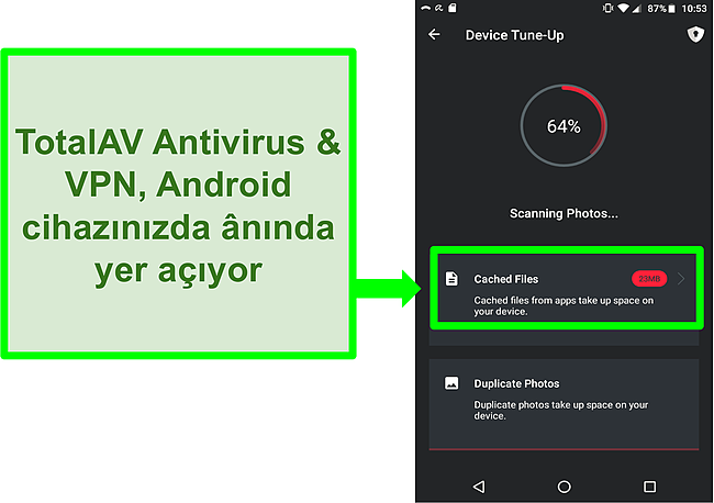 Android için TotalAV Antivirus ve VPN'de cihaz temizleme işlevinin ekran görüntüsü