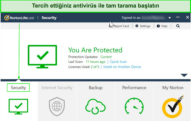 Norton ana panosunun ekran görüntüsü