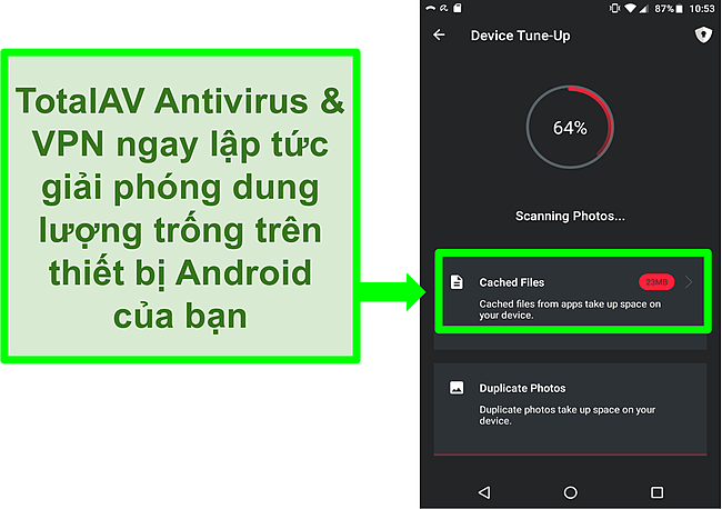 Ảnh chụp màn hình chức năng dọn dẹp thiết bị trong TotalAV Antivirus và VPN cho Android