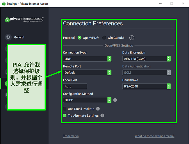 PIA 可用安全设置的屏幕截图