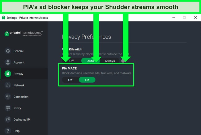 Screenshot of PIA's settings menu showing PIA MACE ad and malware blocker