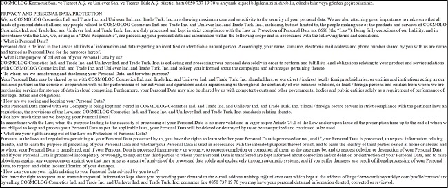 Screenshots of Unishop’s privacy policy with Cosmolog listed as a co-responsible in both Turkish and English Part 2