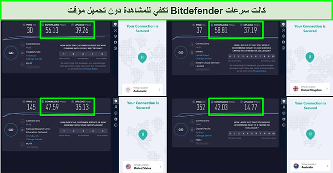 لقطة شاشة لشبكة VPN من Bitdefender متصلة بخوادم مختلفة ونتائج اختبارات سرعة Ookla.