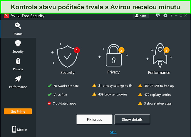 Snímek obrazovky aplikace Avira pro Windows se zobrazenými výsledky skenování stavu.