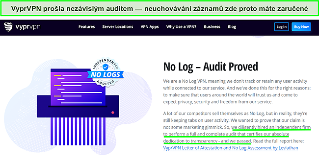 Screenshot z webové stránky VyprVPN s podrobným popisem nezávislého auditu a výsledku předání