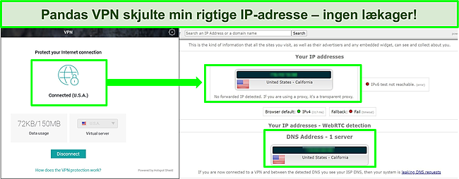 Skærmbillede af Pandas VPN tilsluttet en amerikansk server med resultaterne af en IP-lækagetest, der ikke viser lækager.