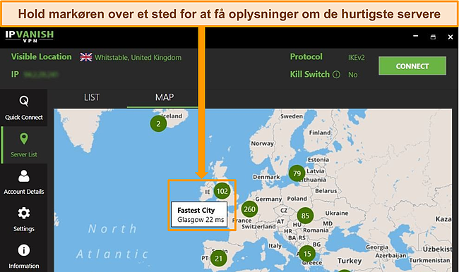 Skærmbillede af IPVanish-appen med britiske servere fremhævet på kortgrænsefladen