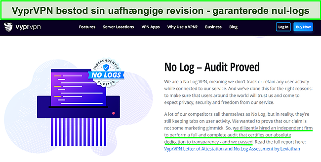 Skærmbillede af VyprVPNs websted, der beskriver dens uafhængige revision og beståelsesresultat