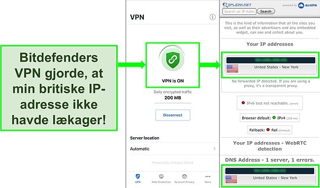 Skærmbillede, der viser Bitdefenders iOS VPN -funktion og resultaterne af en IP -lækagetest, der ikke viser lækager.