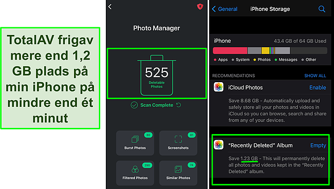 Skærmbillede af TotalAVs Photo Manager og iPhone -lagring, der viser over 1,2 GB ledig plads.
