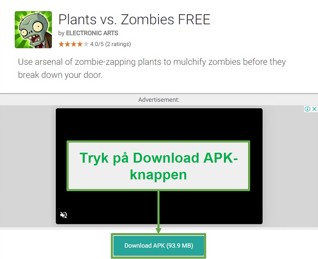 Skærmbillede af downloadknappen til Plants vs Zombies