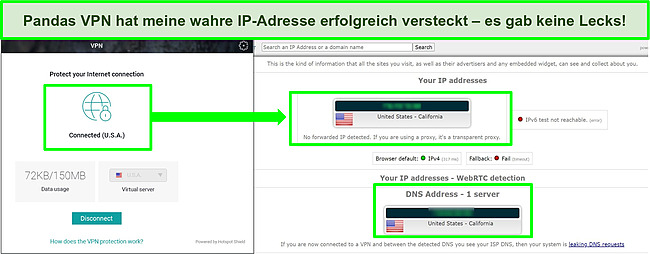 Screenshot von Pandas VPN, das mit einem US-Server verbunden ist, mit den Ergebnissen eines IP-Lecktests, der keine Lecks zeigt.