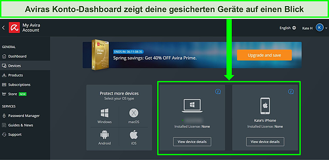 Screenshot des Konto-Dashboards von Avira mit Geräten, auf denen der kostenlose Plan installiert ist.