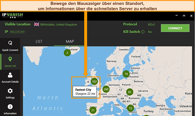 Screenshot der IPVanish-App mit britischen Servern, die auf der Kartenoberfläche hervorgehoben sind