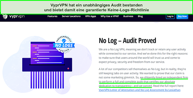 Screenshot der Website von VyprVPN, auf der das unabhängige Audit und das Ergebnis des Bestehens aufgeführt sind